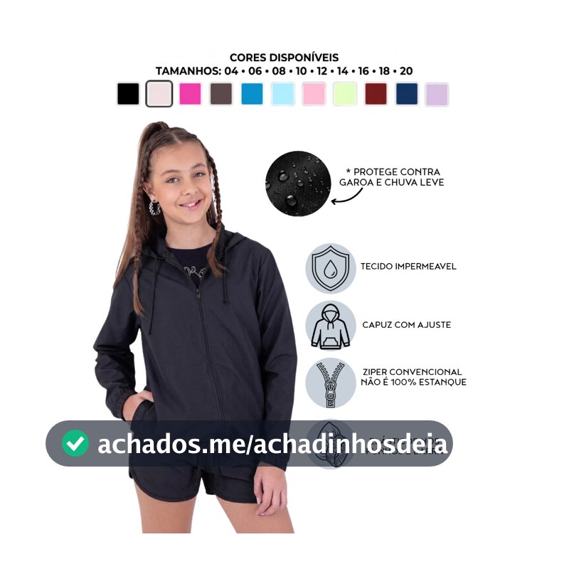 Jaqueta Corta Vento Juvenil Infantil Com Tecido Impermeável e Capuz