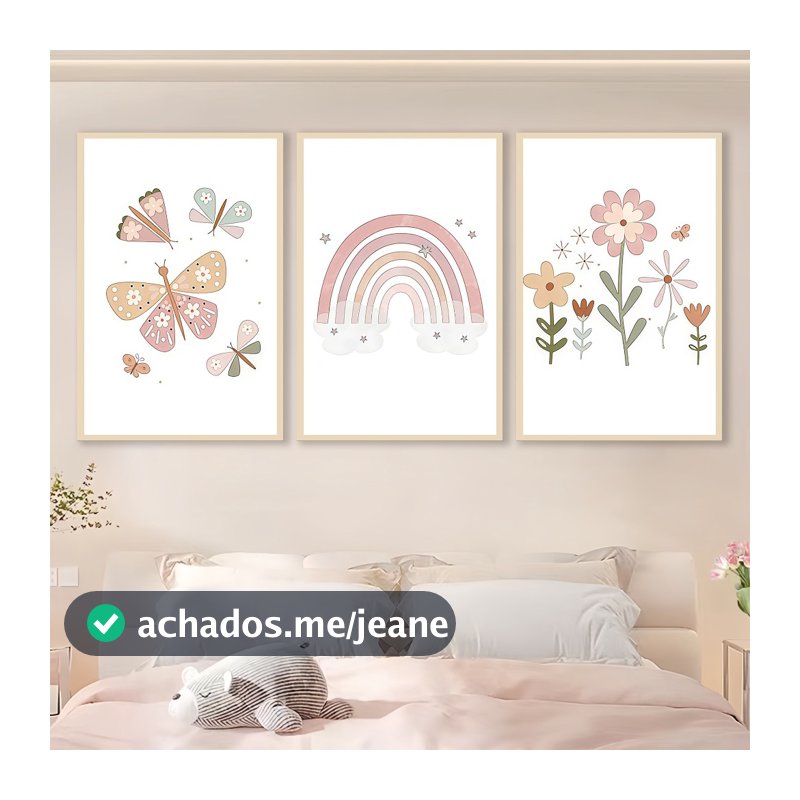 Quadro decorativo 3 pecas sol nuvem rosa flores Borboletasdecoracäo para quarto infantil bebê menina feminino