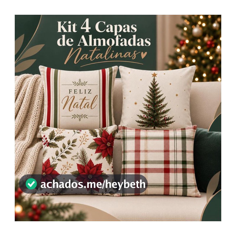 Kit 4 Capas de Almofada Natalinas 43x43 Estampadas Xadrez – Decoração de Natal