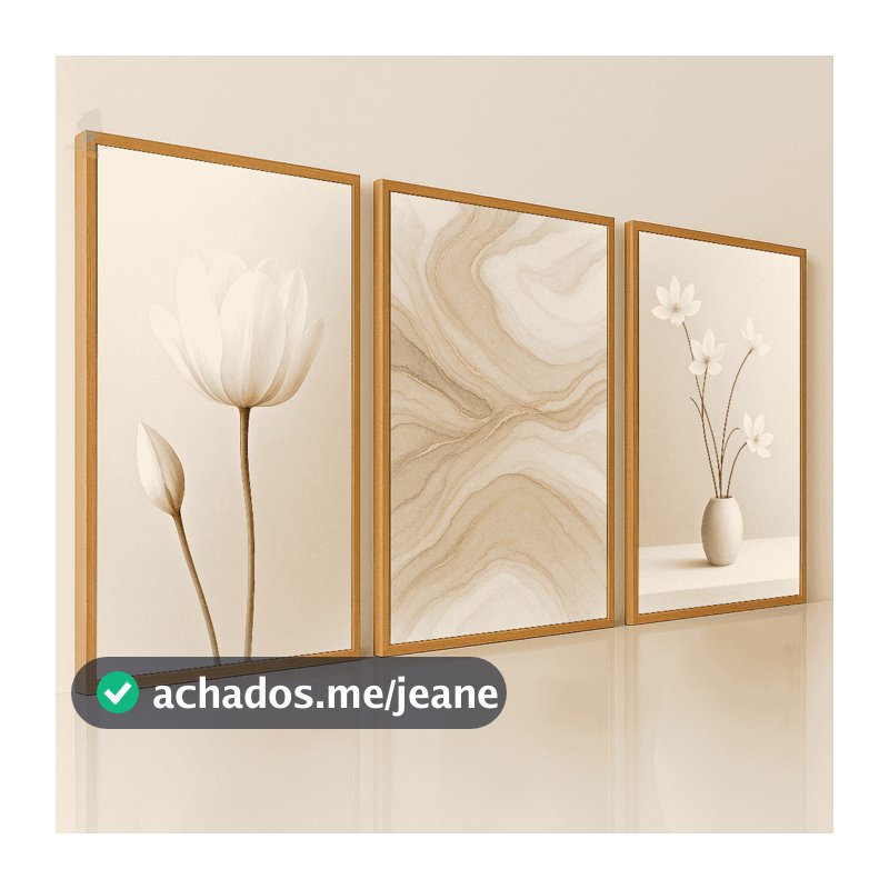 Quadros Decorativos Trio Minimalistas Flor e Mármore Bege Clean Sala Quarto
