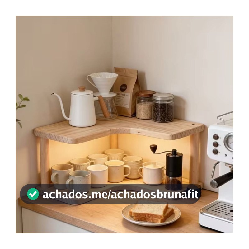 Prateleira de Canto 2 Andares em Madeira Organizador para Cozinha Cantinho do Café Bancada Multiuso Decorativa