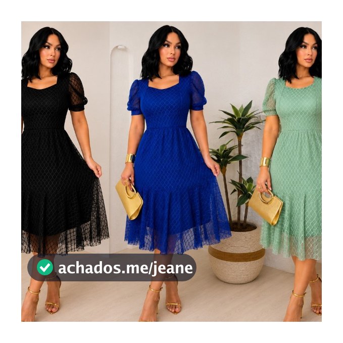 Vestido Midi Feminino Tule Elegante Moda Evangélica Manga Bufante Forrado  ou