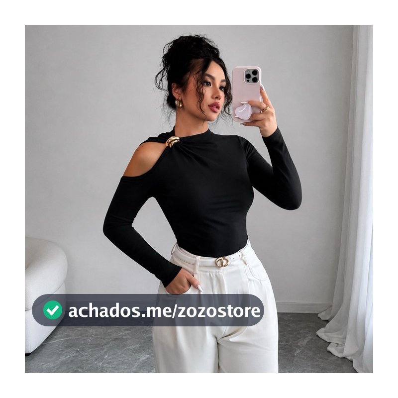 Blusa Feminina Ombro Vazado Manga Longa Com Fivela Dourada Blusa Feminina Elegante Inverno
