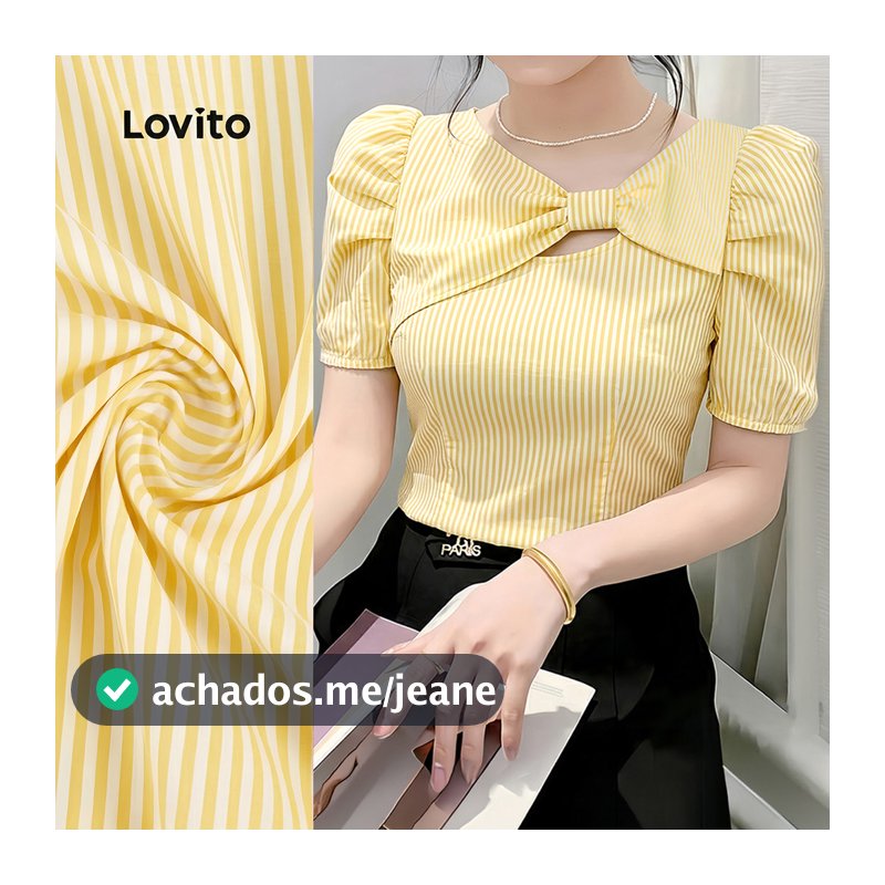 Lovito Elegante Blusa Plissada com Laço Amarelo Primavera/Verão BLK8P1D506