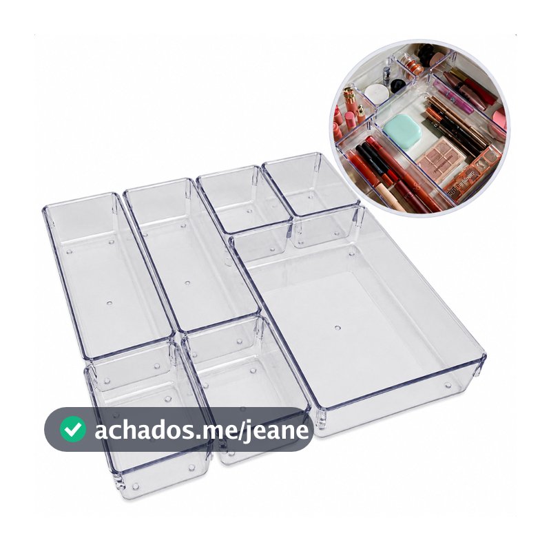 Kit 7 Organizadores Modulares Multiuso para Gavetas, Armários e Geladeira Acrílico - Cristal e Fumê