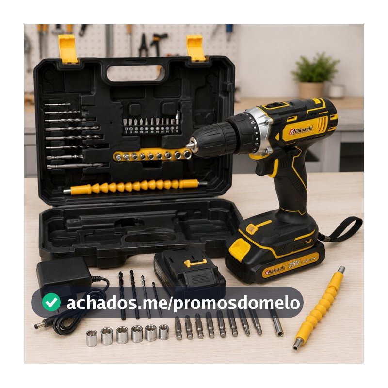 Parafusadeira Furadeira 25V Nakasaki Sem Fio a Bateria Profissional Kit Completo com Maleta