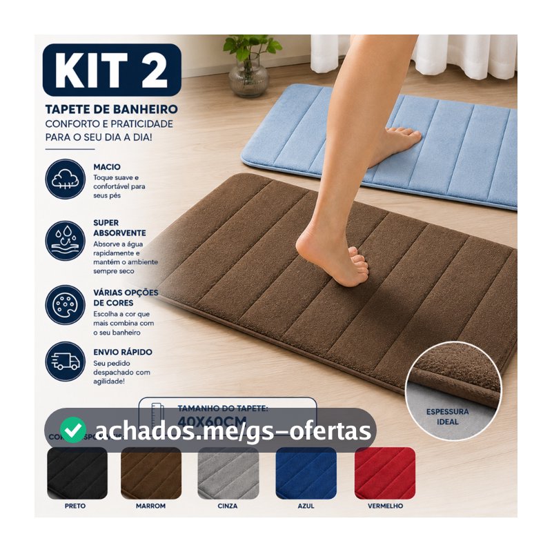 Kit com 2 Tapete Antiderrapante Absorvente Banheiro Quarto Macio Soft Secagem Rapida 60x40