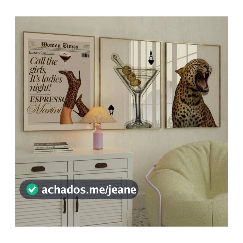 Quadros decorativos salto leopardo martini e onça rugindo (3 peças)