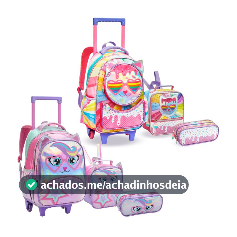 Kit Mochila Infantil Menina Escola De Rodinha Feminina Gatinha Arco Íris Lancheira Térmica e Estojo