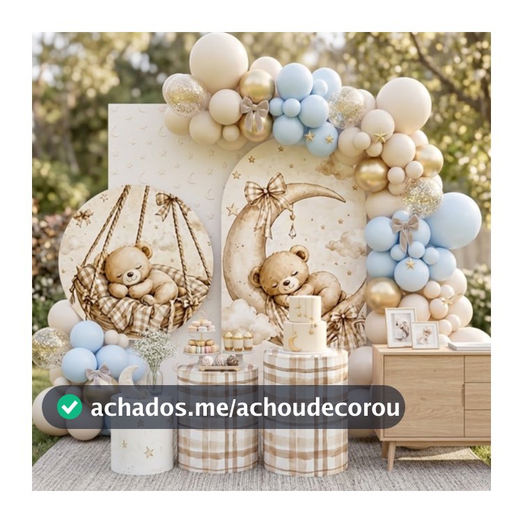 Capas Festivas Ursinho Baby Painel Redondo Trio Cilindro Decoração Chá de Bebe Revelação Sublimado