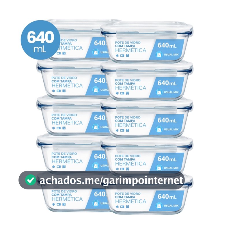 Kit 10 Pote Vidro Hermético Marmita 640ml Micro-ondas Freezer Forno Organização Geladeira