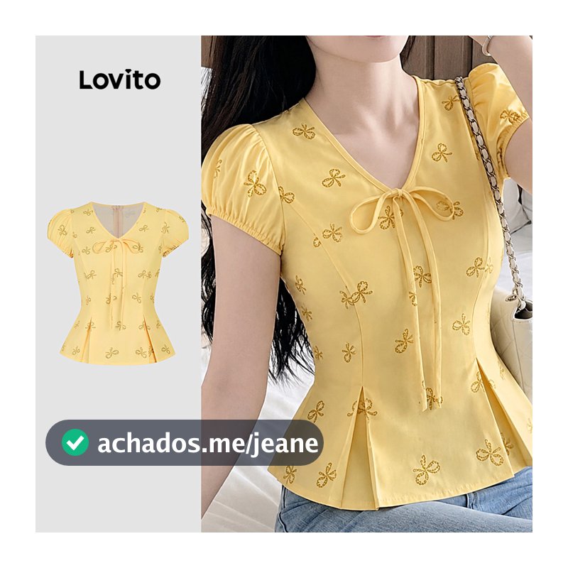 Lovito Blusa Casual com Padrão Plissada Leve Amarela para Mulheres L198ED3103