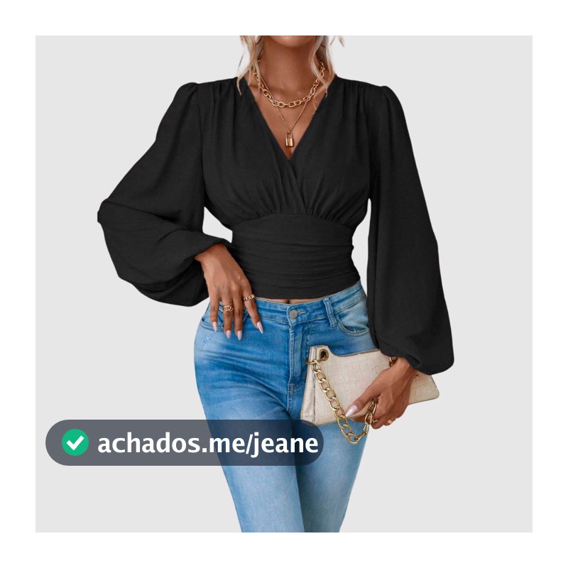 Blusa Feminina Manga Longa Bufante Crepe Decote Transpassado