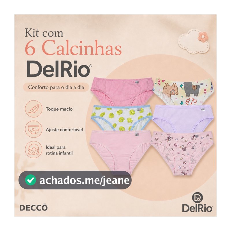 Kit 6 Calcinhas Infantil DelRio Biquini Cotton Algodão