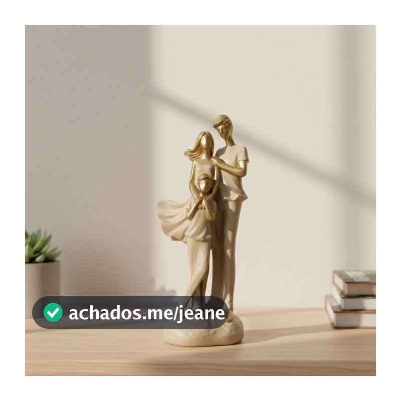 Escultura Família Pai Mãe Filho 27cm Nude Dourado Estátua Decorativa Enfeite Sala Rack Aparador Presente Dia das Mães