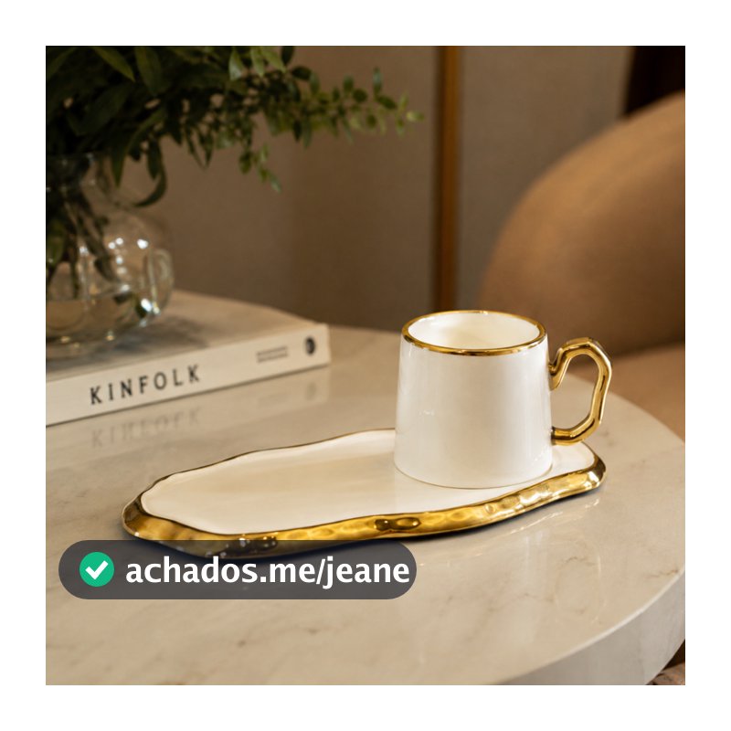 Kit Xícara Orgânica Branca Borda Dourada 90ml + Pires Cerâmica 100% Artesanal Café Presente Decoração Cozinha