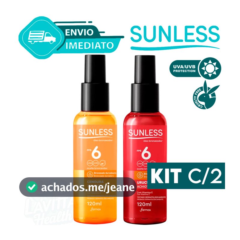 Kit C/2 Óleo Bronzeador Urucum & Cenoura com Vit E FPS 6 Sunless Bronze Natural 120ml Envio Imediato