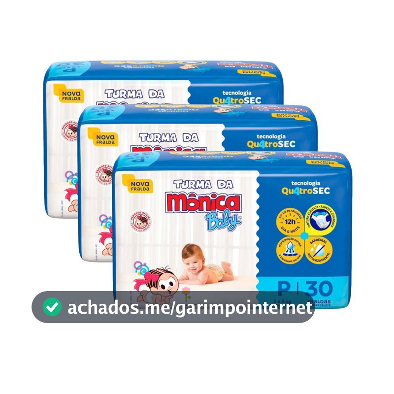 Kit 3 Fralda Turma da Mônica Baby Mega Tamanho P 30 Unidades Descartáveis