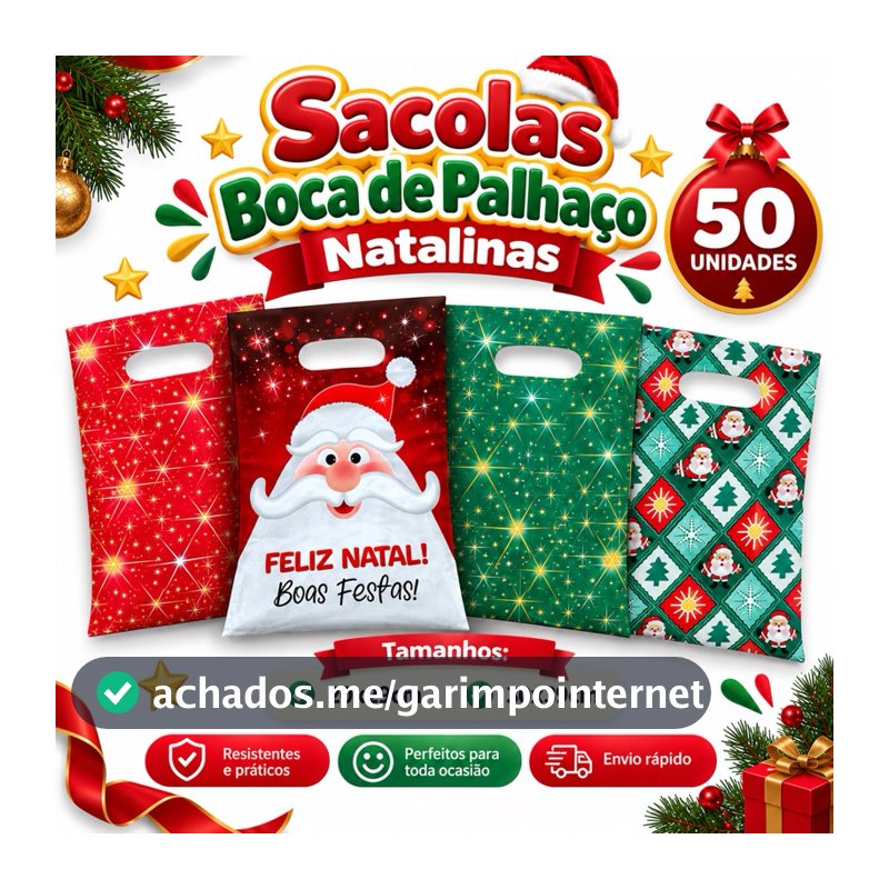 Sacola Boca de Palhaço Natalina Kit 50 Unidades Sacos para Presente Natal Estampados 20x29 e 30x39cm