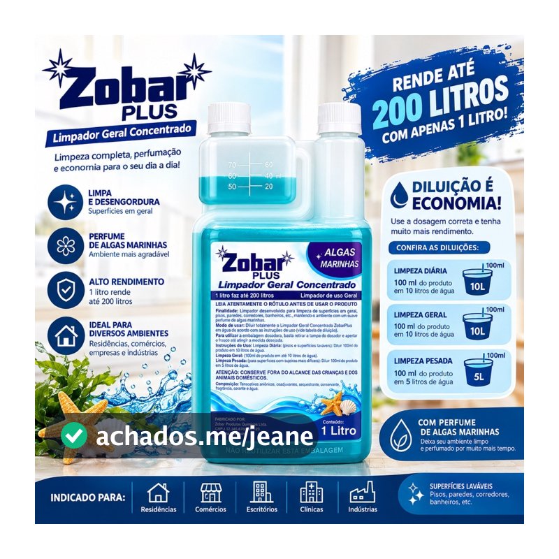 Limpador Geral Concentrado Zobar Plus 1L | Rende até 200L | Limpeza Pesada