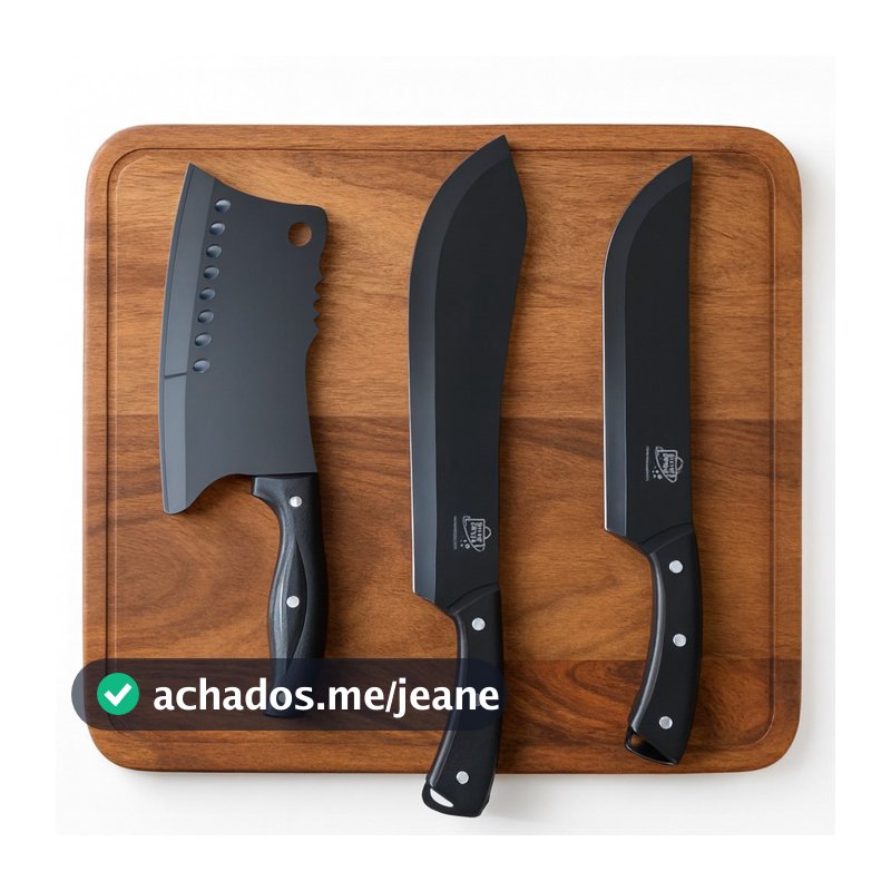 Kit Facas Churrasco Profissional Caça 3 Peças Lâmina Black Inox Premium Resistente