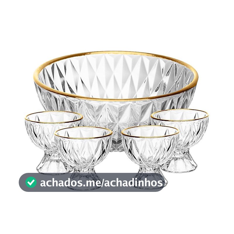Conjunto 1 Bowl 1L e 4 Taças 120ml Diamond Lyor Cristal com Fio de Ouro para Sobremesas Doces Frutas Mousse Pavê 5 Peças