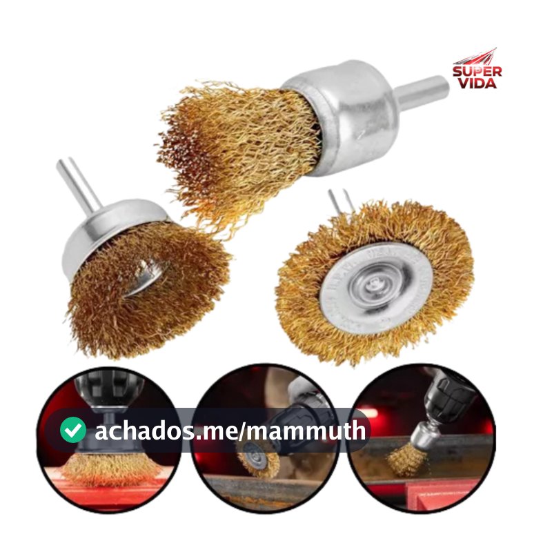 Jogo de Escova com 3 Peças 1 plana 50mm 2 copos 25 e 50mm para Furadeira Remover Ferrugem