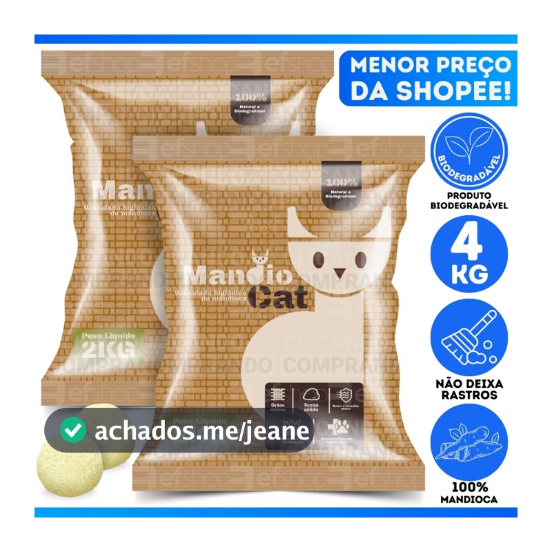 Areia De Gato Mandiocat Biodegradável Mandioca Grão finos Para Gatos - OFERTA