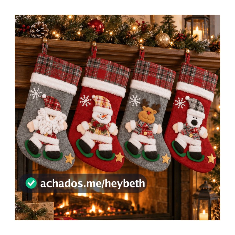 Meia de Natal 25x40cm Decorativa com Personagem Papai Noel Rena Urso Boneco de Neve