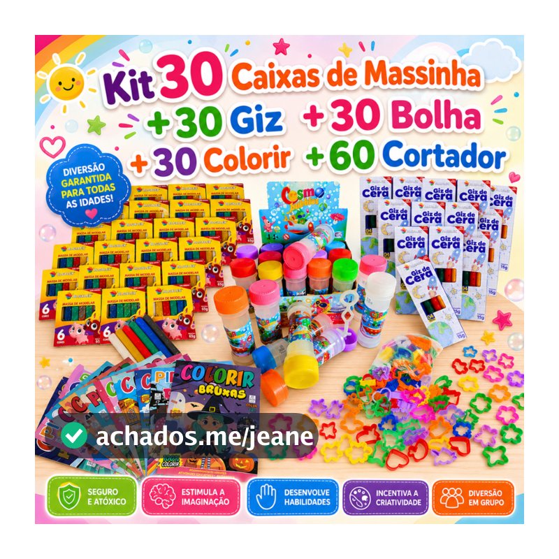 30 Cx Massinha Modelar + 30 Bolha Sabão + 30 Colorir + 60 Cortador + 30 Giz de Cera Lembrancinha
