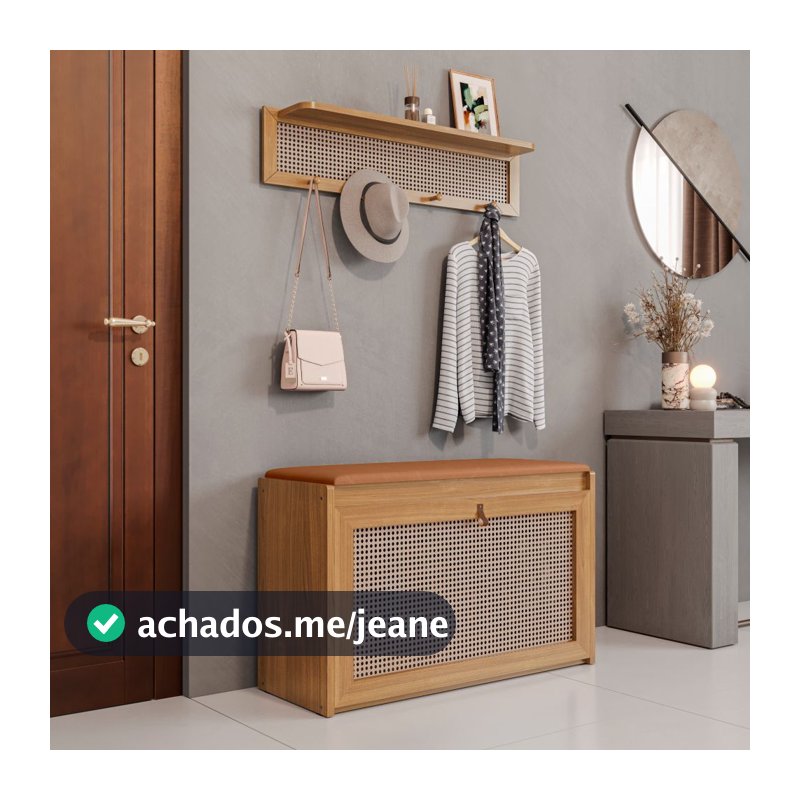 Kit Sapateira e Cabideiro Plenitude Plus Com Prateleira e Porta Basculante Com Detalhe em Rattan
