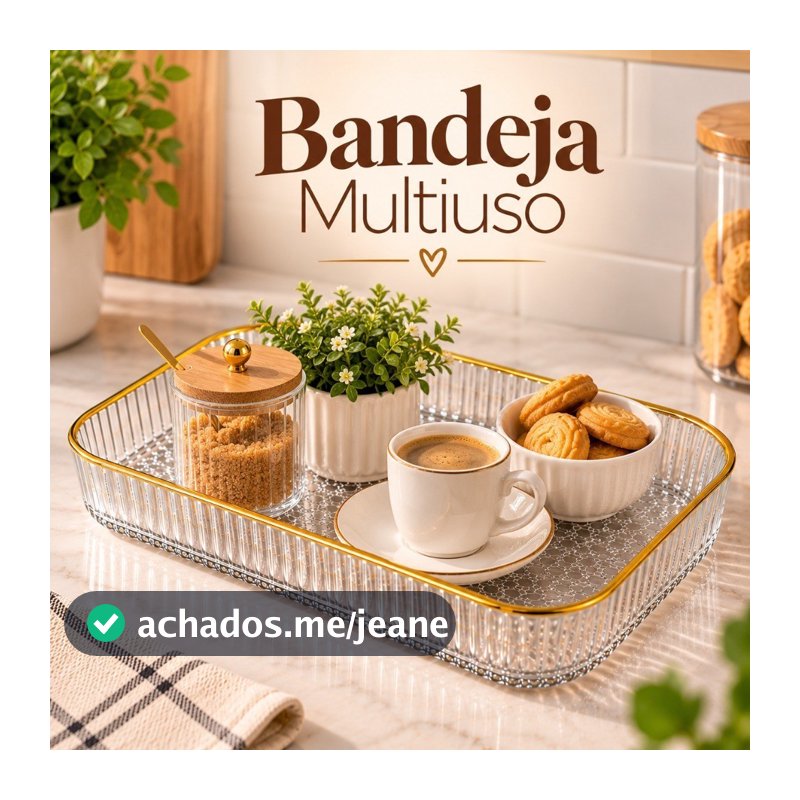 Bandeja Multiuso Transparente Com Borda Dourada 29cm Decorativa
