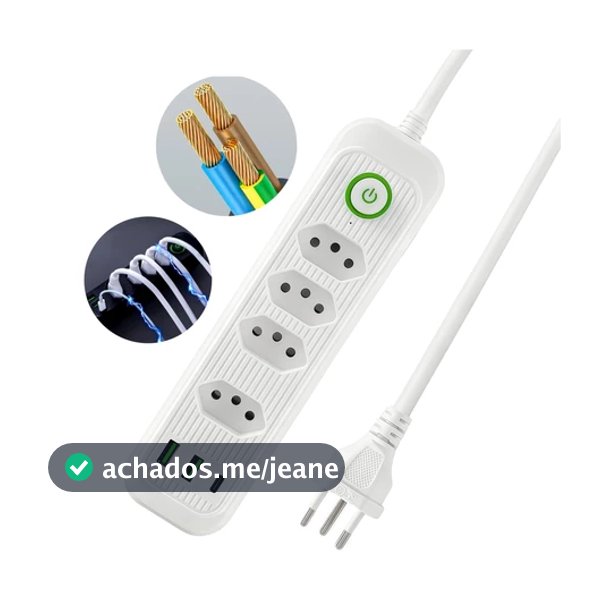 Extensão Elétrica 2m Com 4 Tomadas e 3 Entradas USB com Botão Power Socket
