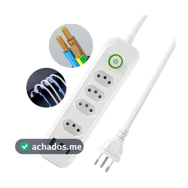 Extensão Elétrica 2m Com 4 Tomadas e 3 Entradas USB com Botão Power Socket