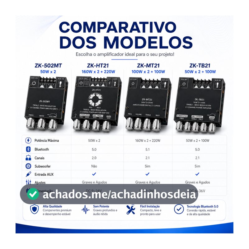 Amplificador Bluetooth 5.0 ZK-TB21 ZK-502MT ZK-HT21 ZK-MT21 Placa Amplificadora 2.1CH Potência Subwoofer Classe D