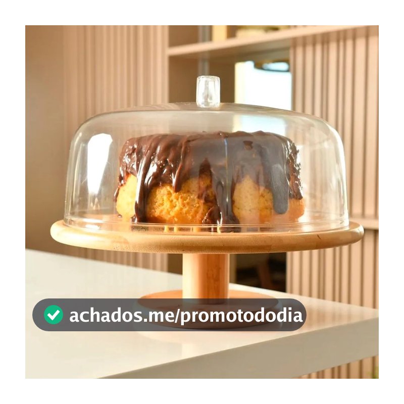 Boleira com Cúpula Pé Prato Bolo Alta Tampa Acrílica 27,5 cm Bambu Mesa Posta Sense Ou