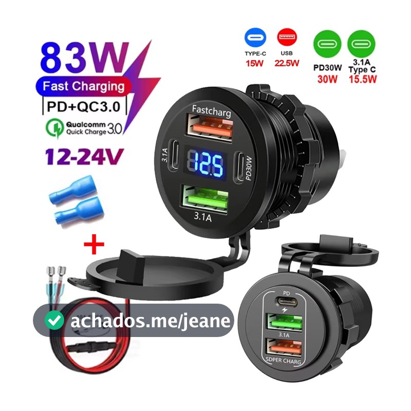 2025 Novo 4 Em 1 85W Carregador De Carro PD + QC3.0 Com LED Voltímetro Tomada Adaptador De Energia À Prova Dwaterproof Á