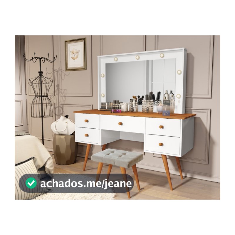 Penteadeira Camarim Retrô Com Led e 100% MDF 5 Gavetas Pés Palito - LJ