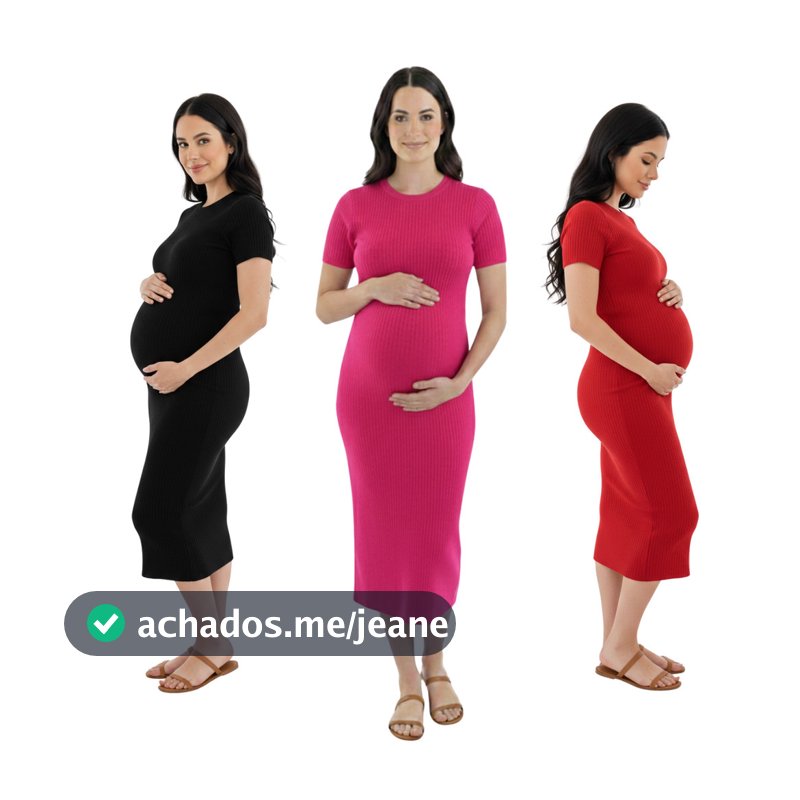 KIT 3 Vestido Midi Liso Canelado Gestante Maternidade Confortável Casual Social Longuete Slim Moda Evangélica Grávida
