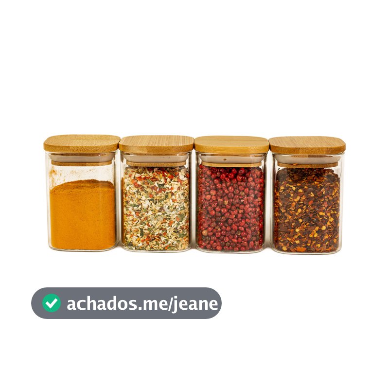 Kit 4 Potes de Vidro Tampa Bambu Quadrado Flat 200ml Oikos