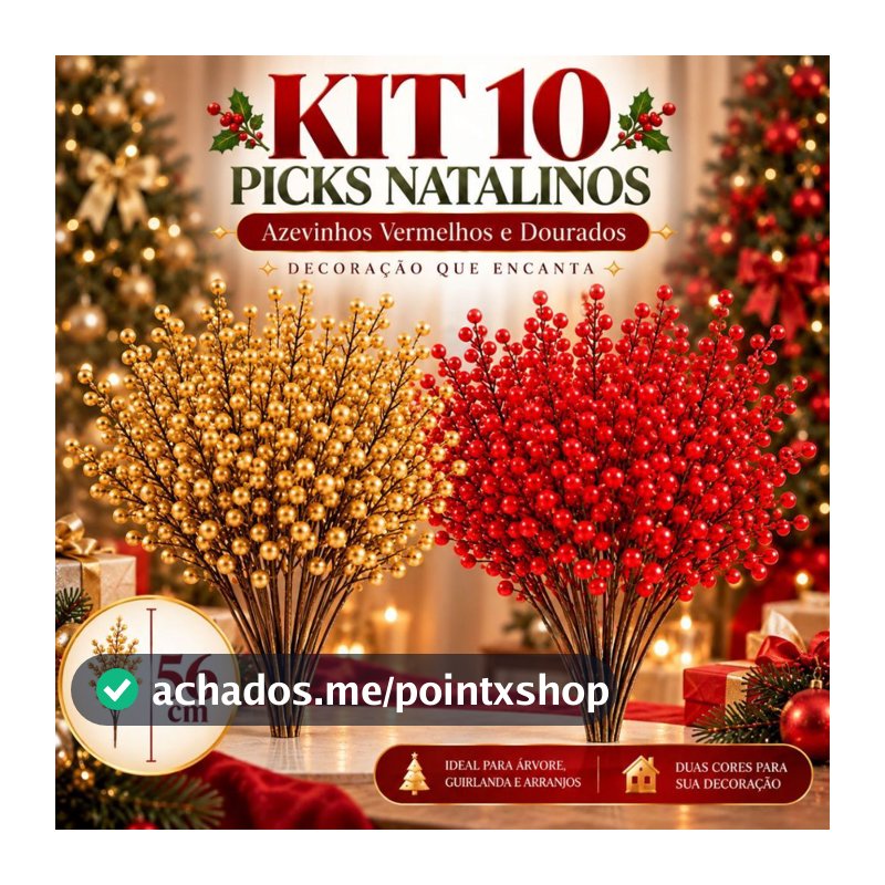 Kit 10 Pick Natalino Azevinho Artificial 56cm Galho Berry Cereja Enfeite Decoração Árvore de Natal Arranjos Guirlanda