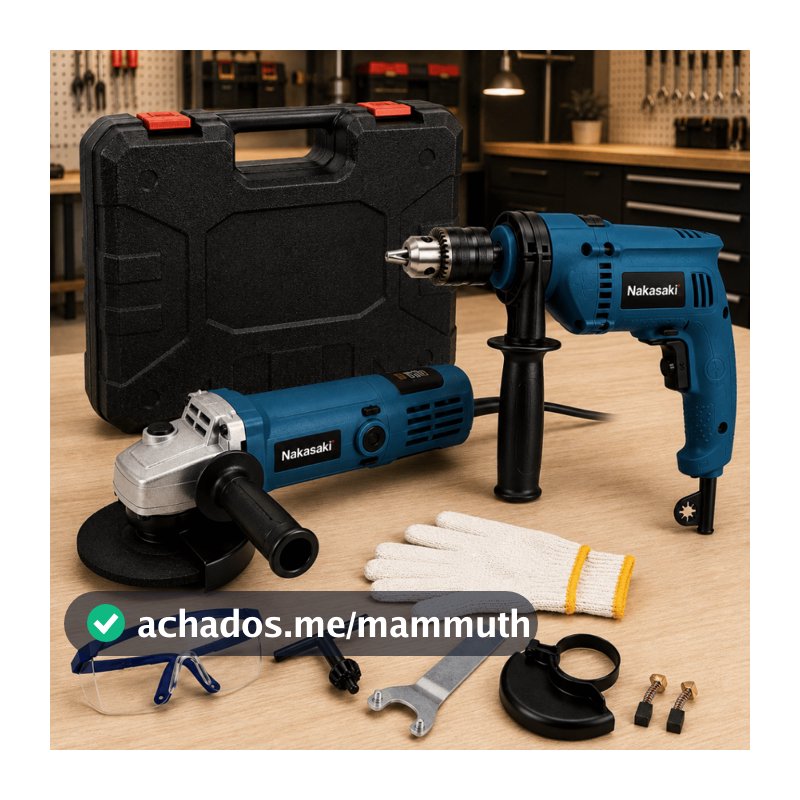 Kit Furadeira de Impacto 1000W Elétrica + Esmerilhadeira 900W Profissional Nakasaki + Maleta