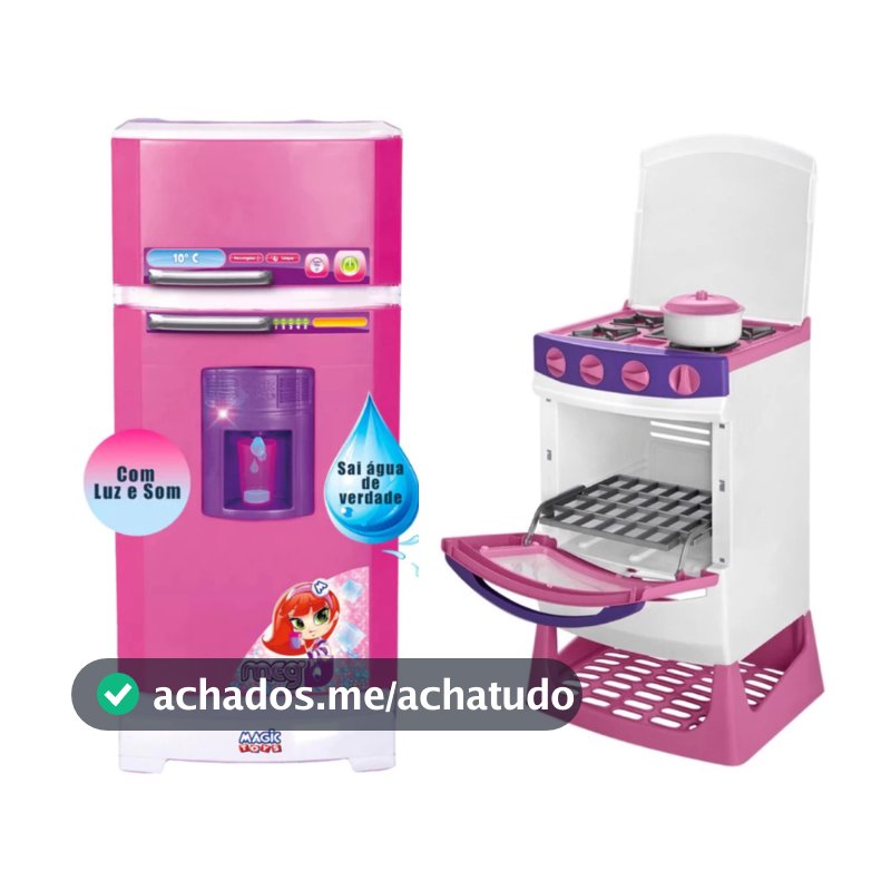 Kit Fogão Infantil com Panelinha e Geladeira Mágica Sai Água de Verdade Cozinha Rosa - Magic Toys
