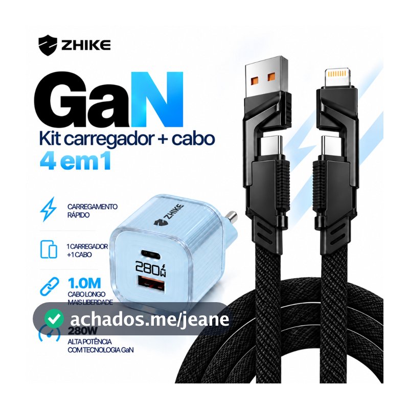 Kit Cabo Carregador Carregamento Rápido ZHIKE Adaptador GaN 4 em 1 Tipo C iP 1M Nylon Trançado Universal Dados