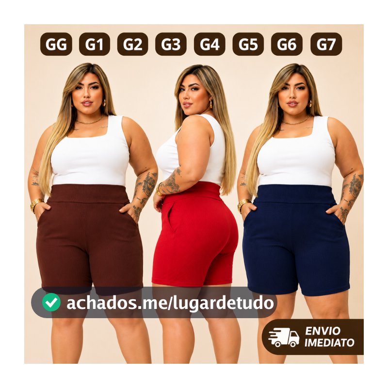 Shorts Feminino Plus Size G1 ao G7 Cintura Alta Com Bolso Malha Canelada Alta Elasticidade Plus de V