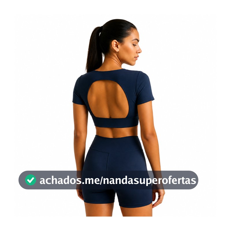 Conjunto Academia Top Manga Curta Cropped Costa Aberta + Short Colado Roupa de Academia Mini Short Verão blogueira