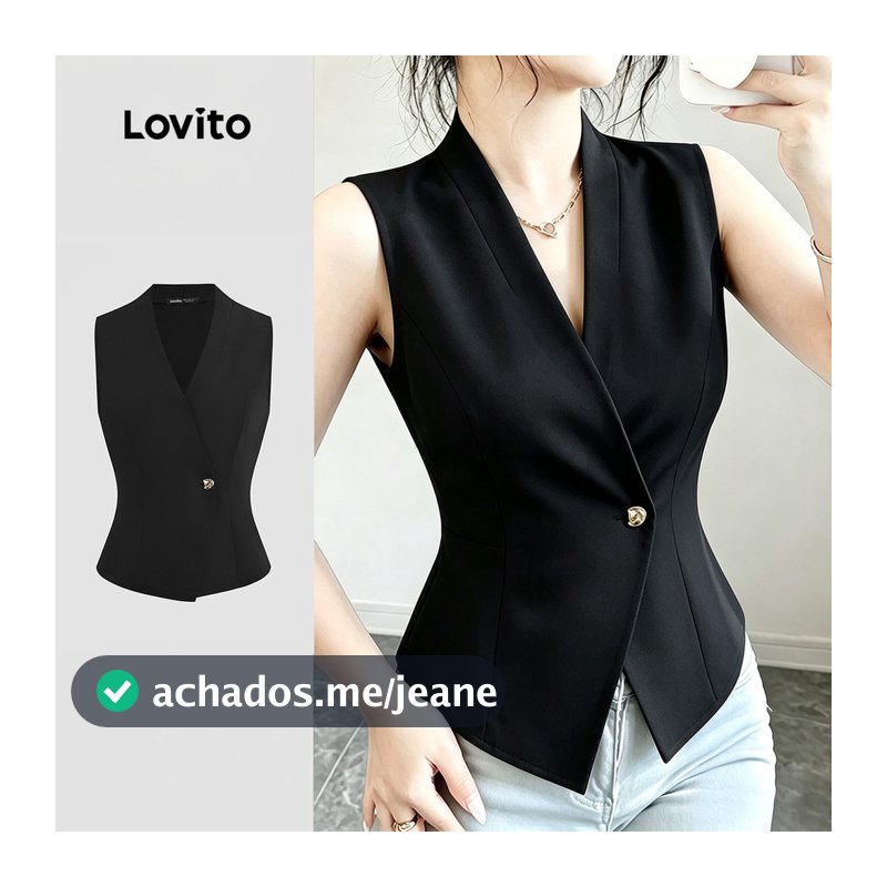 Lovito Blusa Preta Elegante com Botão Superior Assimétrica Primavera/verão para Mulheres LK7ED563