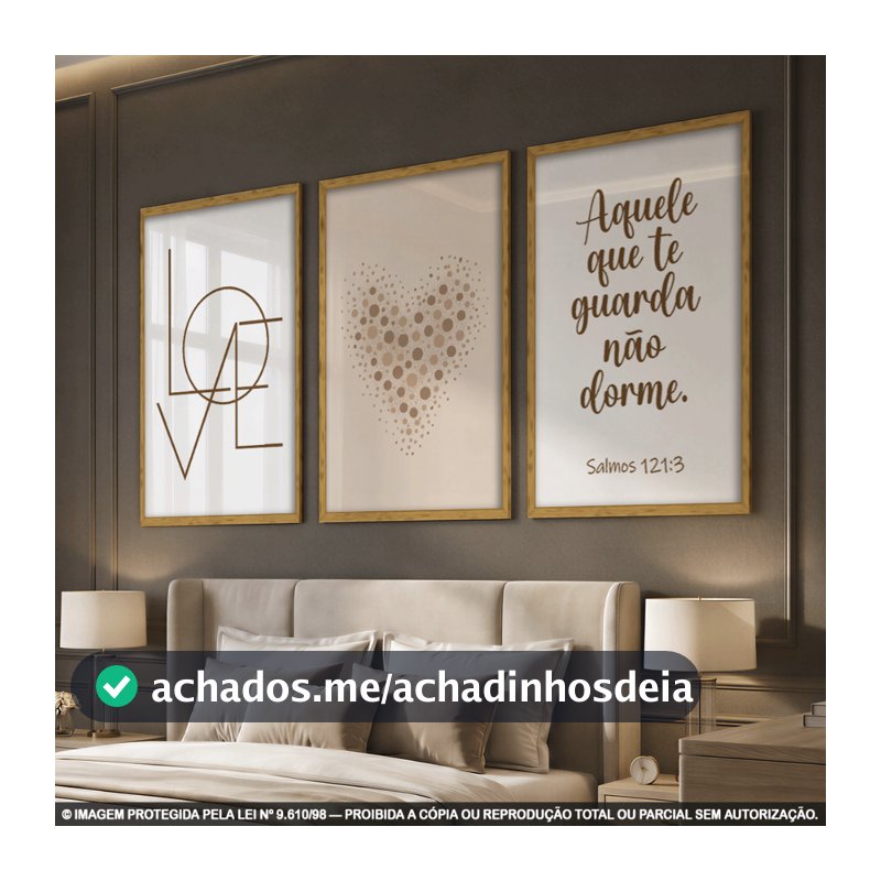 Kit 3 Quadros Decorativos Fé e Amor | Versículo Bíblico Salmos 121:3 Coração Frase Religiosa