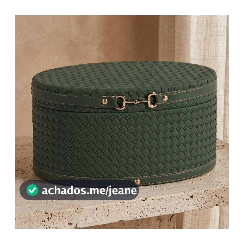 Caixa Decorativa Oval Verde Esmeralda 30cm Textura Tramada Fecho Dourado Luxo Minimalista Premium