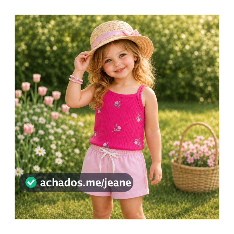 Conjunto Infantil Verão Blusa Canelada de Alça com Estampa Florzinha e Bermuda Moletinho